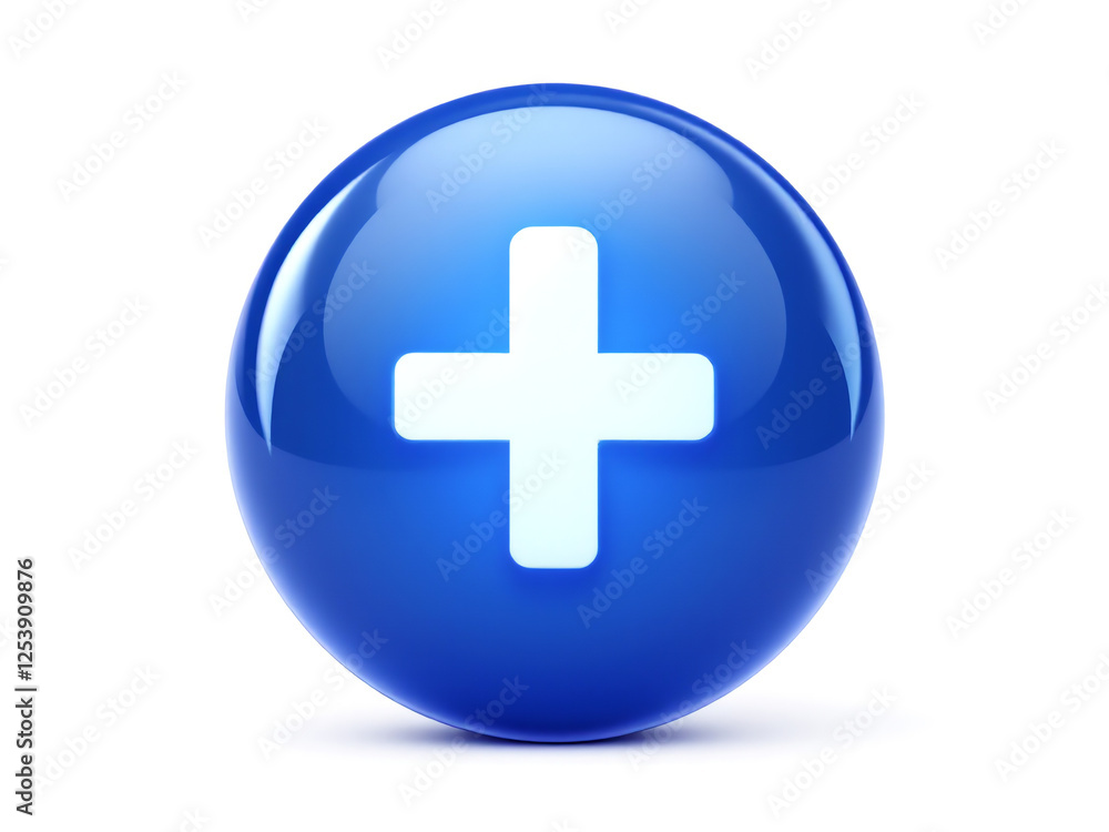 Fototapeta premium Blue circle and white plus symbol, 3D icon with isolated white background Medical symbol