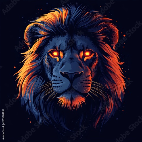 A striking digital illustration of a lion's head featuring glowing eyes and vibrant mane colors, exuding strength and majesty. Perfect for wildlife and nature themes. photo