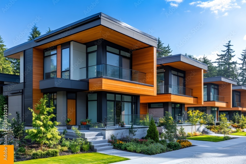 Modern townhouses with balconies and lush gardens enjoying a sunny day Modern townhouses with balconies and lush gardens enjoying a sunny day