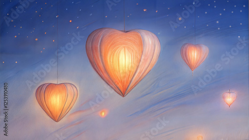 Charming heart-shaped lanterns floating in a dreamy sky at dusk