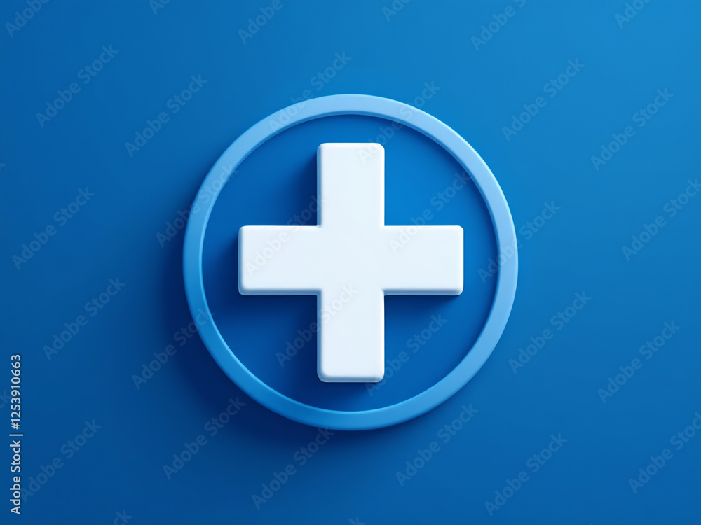 Blue circle and white plus symbol, 3D icon with isolated blue background Medical symbol Blue circle and white plus symbol, 3D icon with isolated blue background Medical symbol