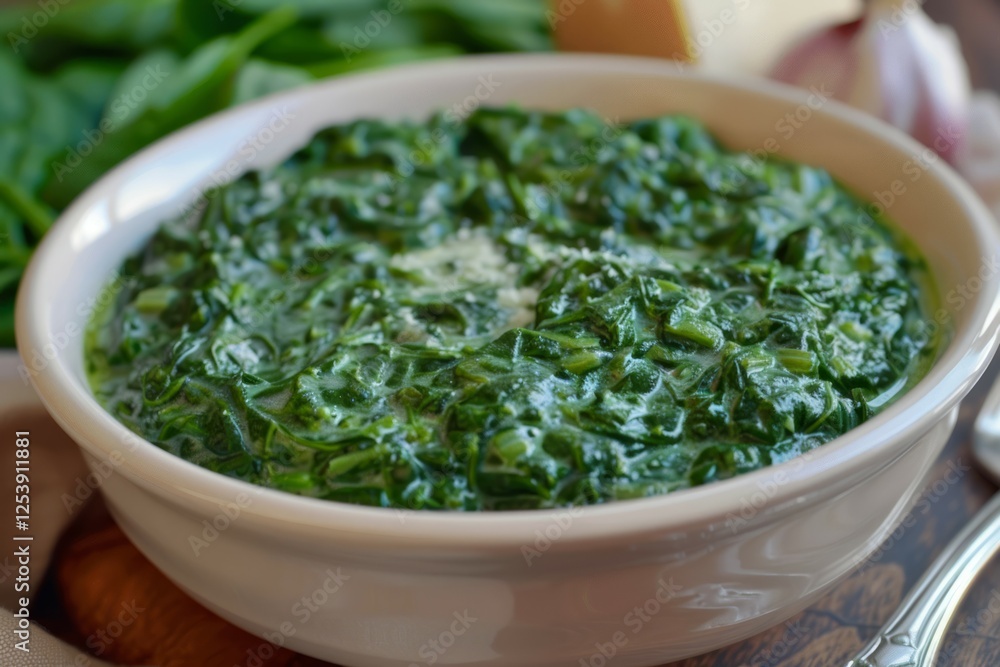 Creamed spinach in oval dish on wooden table. Neural network AI generated Creamed spinach in oval dish on wooden table. Neural network AI generated