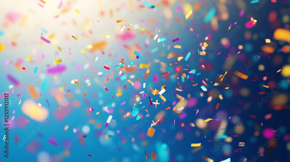 Lively confetti burst in multicolor tones over a rich blue abstract scene Lively confetti burst in multicolor tones over a rich blue abstract scene