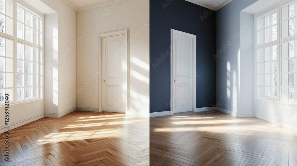 Contrast of old dark interiors and bright modern design renovation in a room. Generative AI Contrast of old dark interiors and bright modern design renovation in a room. Generative AI