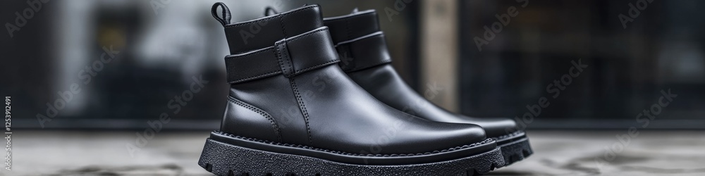 A close-up shot of a pair of black boots A close-up shot of a pair of black boots