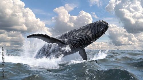 Towering humpback whale pirouetting massive waves stormy mountain reflections forming motion masterpiece