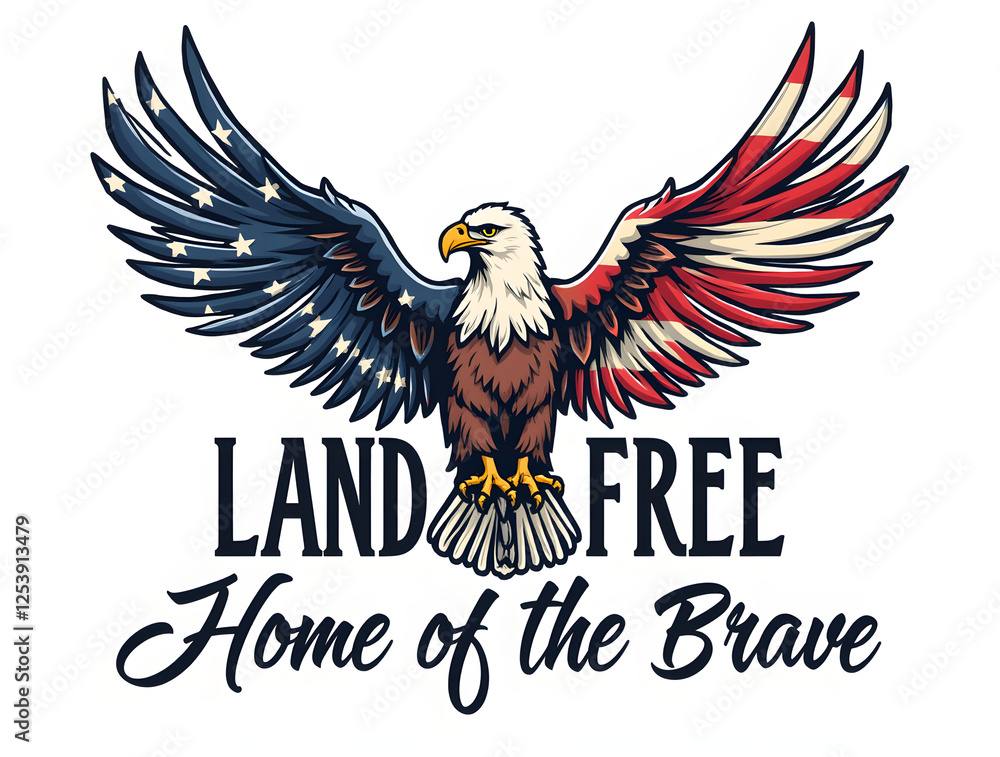 Fototapeta premium Powerful bald eagle spreading wings against patriotic backdrop, symbolizing national pride and liberty