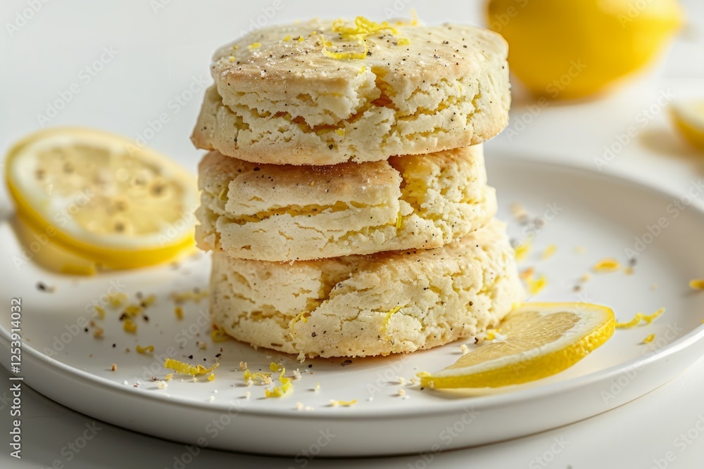 Fresh lemon biscuits on white plate with lemon garnish. Neural network AI generated Fresh lemon biscuits on white plate with lemon garnish. Neural network AI generated