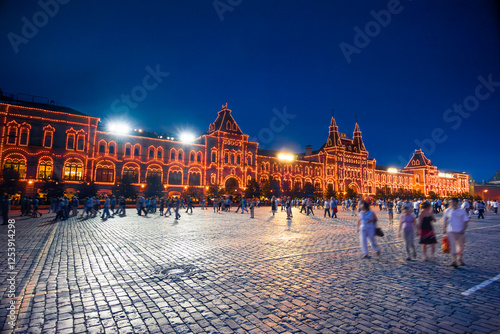 Evening view of the famous historic GUM building on the Red Square of the Moscow Kremlin. Russia