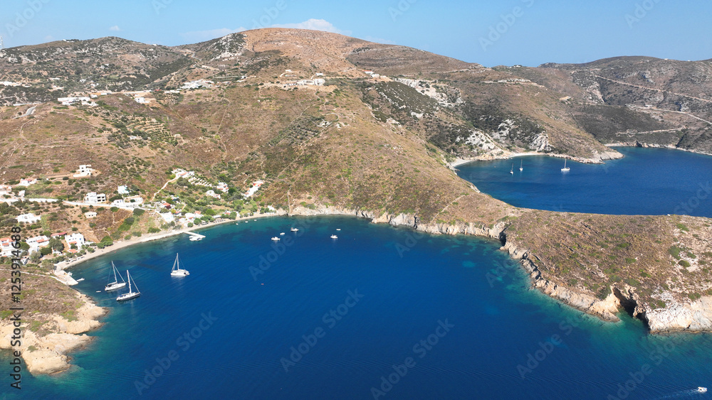 Naklejka premium Aerial drone photo amazing landscape and paradise beaches in fjord shaped island of Fournoi Ikarias ensuring and relaxing vacations untouched by tourism, North Aegean sea, Greece