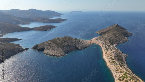 Aerial drone photo amazing landscape and paradise beaches in fjord shaped island of Fournoi Ikarias ensuring and relaxing vacations untouched by tourism, North Aegean sea, Greece photo