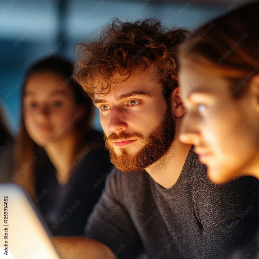 Three people looking at a bright laptop screen in a dark room Three people looking at a bright laptop screen in a dark room