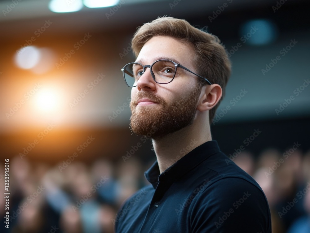 Fototapeta premium Man with Glasses Looking Up in Auditorium