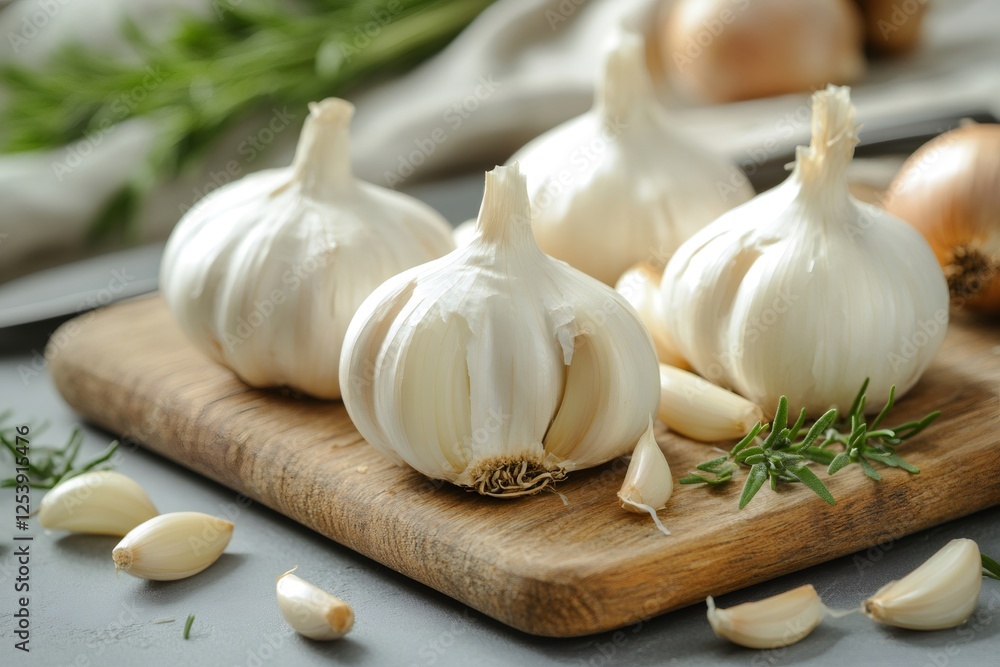 Fresh garlic bulbs and cloves resting on rustic wooden cutting board Fresh garlic bulbs and cloves resting on rustic wooden cutting board