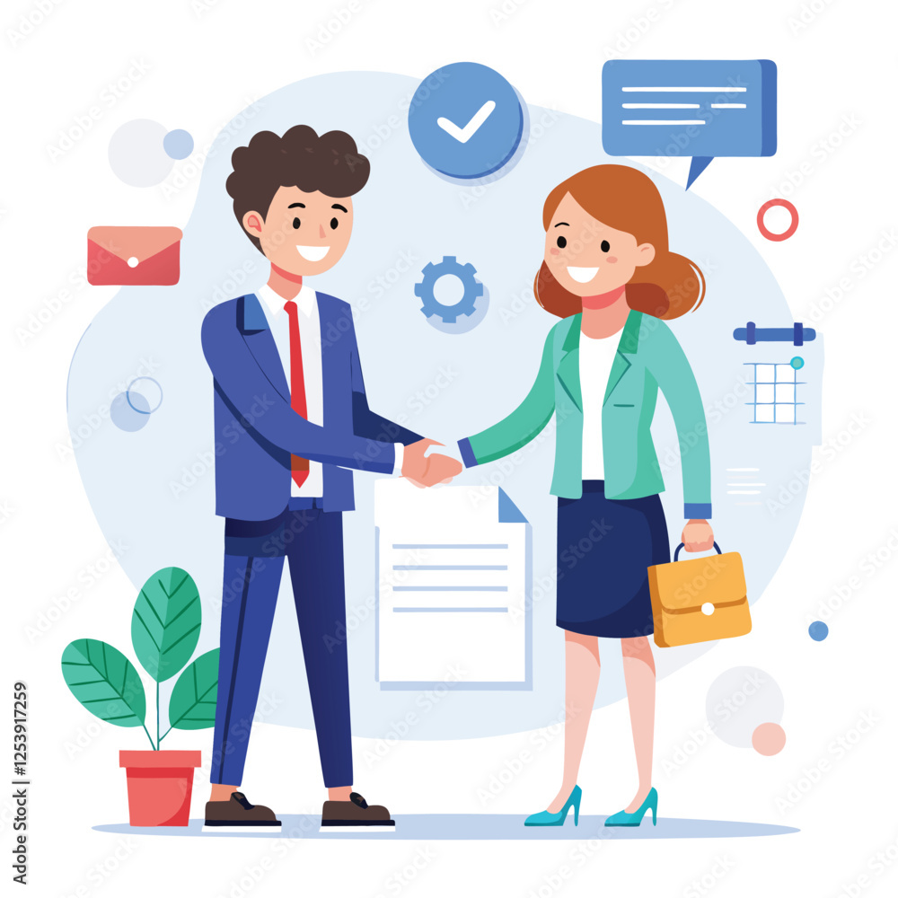 People shaking hands at work - Two businesspeople, man and woman doing handshake in office at work while smiling over business agreement and deal. Flat design stock illustration on white background People shaking hands at work - Two businesspeople, man and woman doing handshake in office at work while smiling over business agreement and deal. Flat design stock illustration on white background