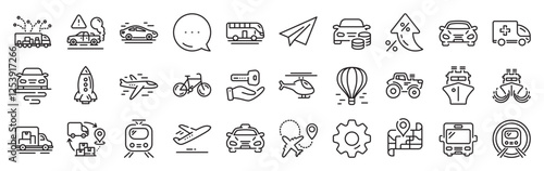 Transport line icons. Settings gear, Message, Inflation icons. Taxi, Helicopter and subway train icons. Truck car, Tram and Air balloon transport. Bike, Airport airplane and Ship, subway. Vector