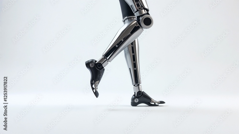 Prosthetic leg, modern design, walking pose, shiny metallic and black elements, advanced technology Prosthetic leg, modern design, walking pose, shiny metallic and black elements, advanced technology