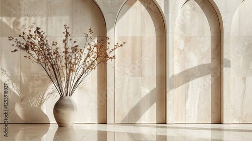 an elegant vase with autumnal branches stands 