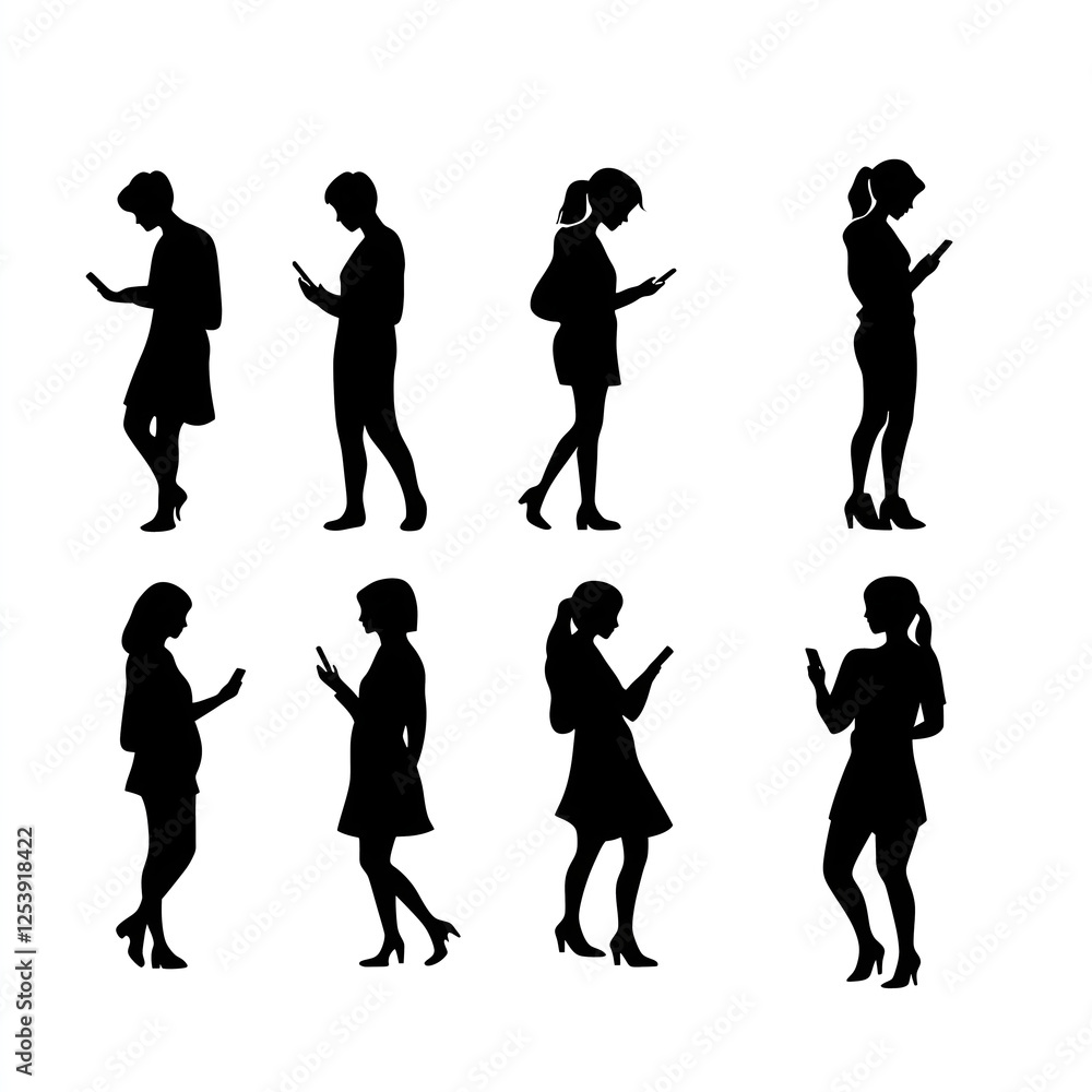 Obraz premium Silhouetted women using phones: Connecting in a digital age, isolated figures.