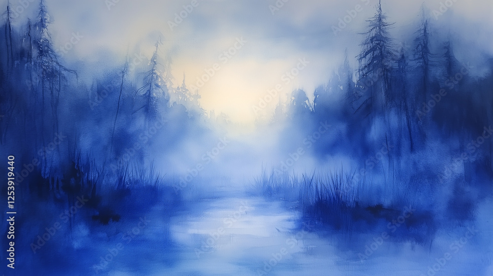 Fototapeta premium Dreamy watercolor background with deep blue mist, creating a hyper-realistic artistic depth