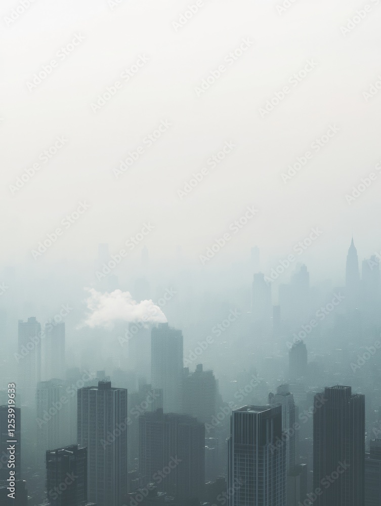 Dense smog envelops city skyline with industrial chimneys emitting thick smoke across the horizon. Generative AI Dense smog envelops city skyline with industrial chimneys emitting thick smoke across the horizon. Generative AI