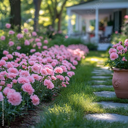Summer garden filled blooming pink carnations green grass and decorative pots
