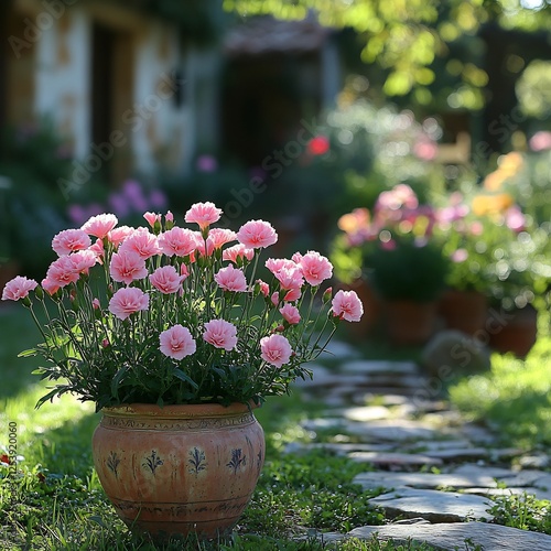 Summer garden filled blooming pink carnations green grass and decorative pots