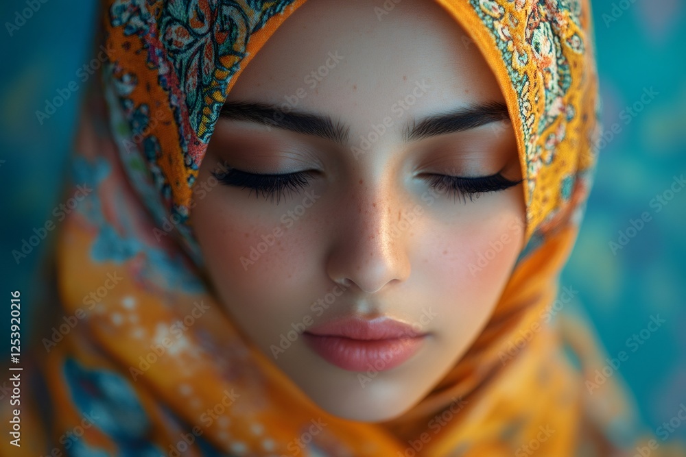 Young woman wearing traditional orange hijab with eyes closed