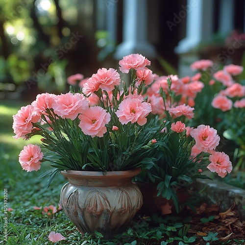 Summer garden filled blooming pink carnations green grass and decorative pots
