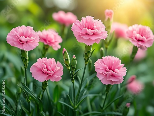 Summer garden pink carnation flowers in bloom lush green leaves bright sun