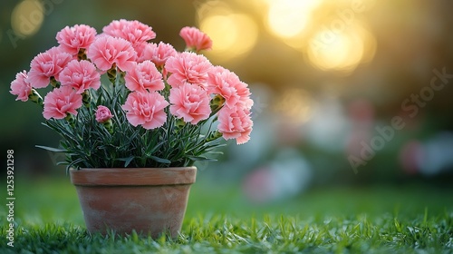 Vibrant pink carnations blooming a terracotta pot on green grass with a blurred garden background