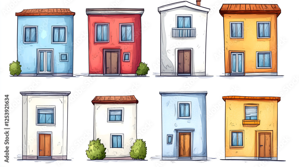 Colorful cartoon houses stand in a row, each with unique designs. Colorful cartoon houses stand in a row, each with unique designs.