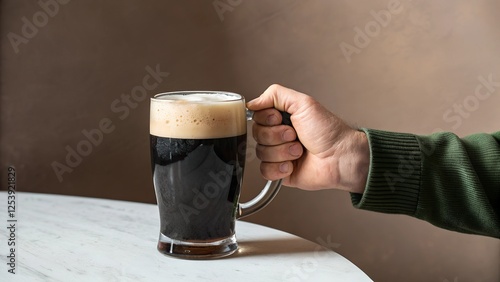 A person holding a glass mug of dark beer with a creamy foam head. The warm, moody background gives a cozy pub-like atmosphere. Ideal for brewery, craft beer, and beverage advertising. photo