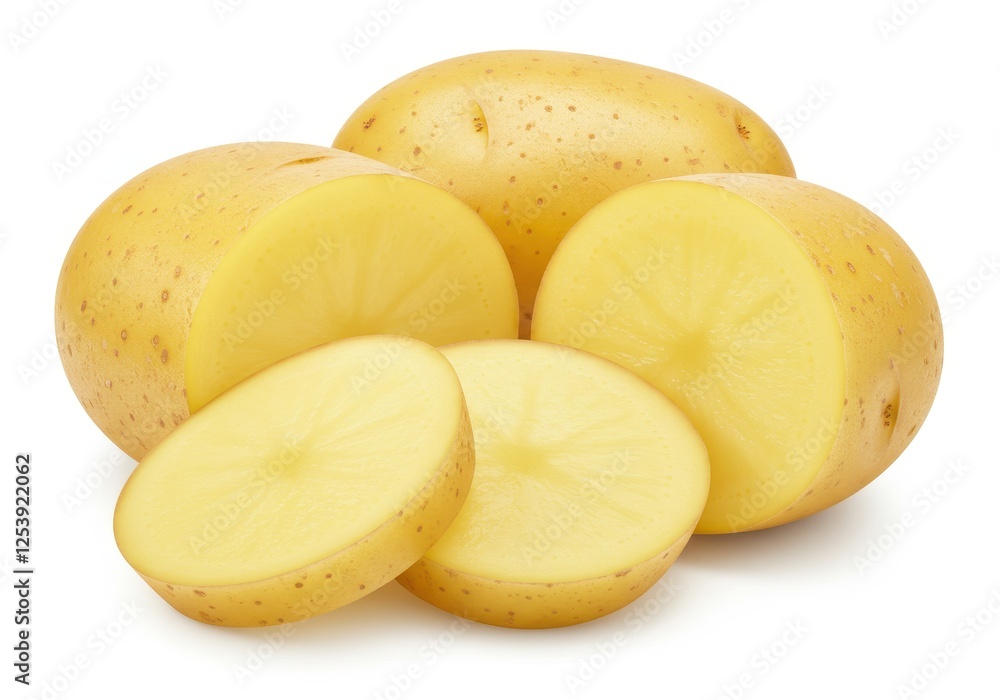 Whole yellow potatoes with smooth skins and two potato isolated on white background Whole yellow potatoes with smooth skins and two potato isolated on white background