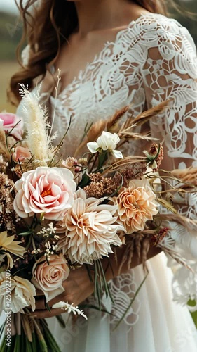 A bride showcases her beautiful handmade bouquet featuring soft pink roses, delicate dahlias, and natural foliage. She wears an intricate lace gown, radiating elegance and joy