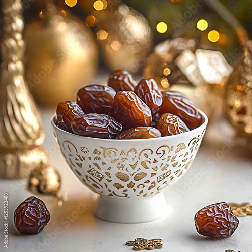 A front-facing shot of ais a sleek bowl filled with glossy, premium dates, adding a rich, natural touch.  Ramdan background