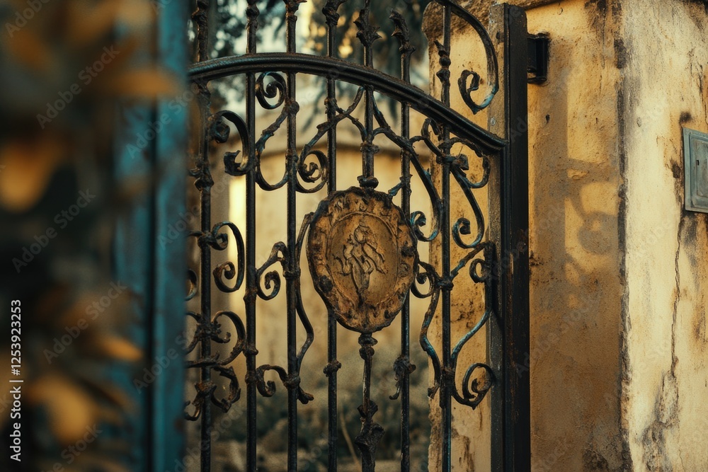 A detailed view of a gate featuring a lion's head or statue, often used as decorative element in architectural structures A detailed view of a gate featuring a lion's head or statue, often used as decorative element in architectural structures