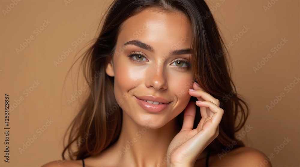 Woman smiling while touching her flawless glowy skin with copy space for your advertisement, skincare
Woman smiling while touching her flawless glowy skin with copy space for your advertisement, skincare