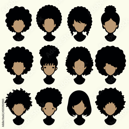 Diverse Afro Styles Flat Icons of Women's Hair