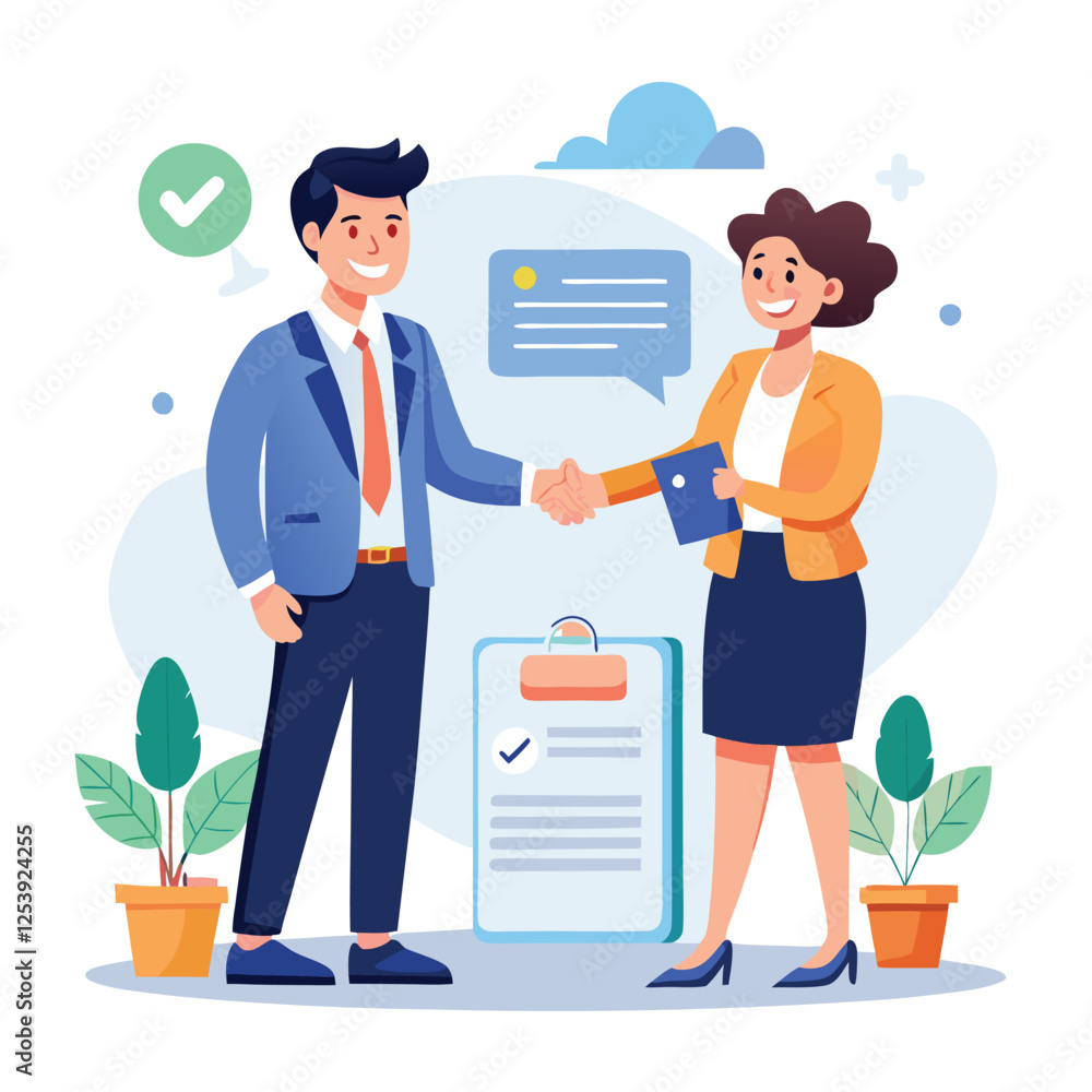 People shaking hands at work - Two businesspeople, man and woman doing handshake in office at work while smiling over business agreement and deal. Flat design stock illustration on white background People shaking hands at work - Two businesspeople, man and woman doing handshake in office at work while smiling over business agreement and deal. Flat design stock illustration on white background