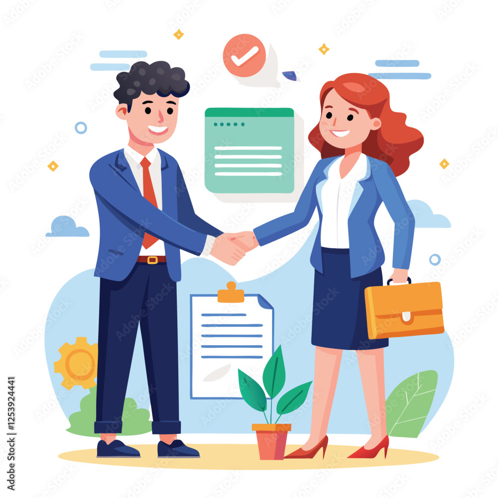 People shaking hands at work - Two businesspeople, man and woman doing handshake in office at work while smiling over business agreement and deal. Flat design stock illustration on white background People shaking hands at work - Two businesspeople, man and woman doing handshake in office at work while smiling over business agreement and deal. Flat design stock illustration on white background