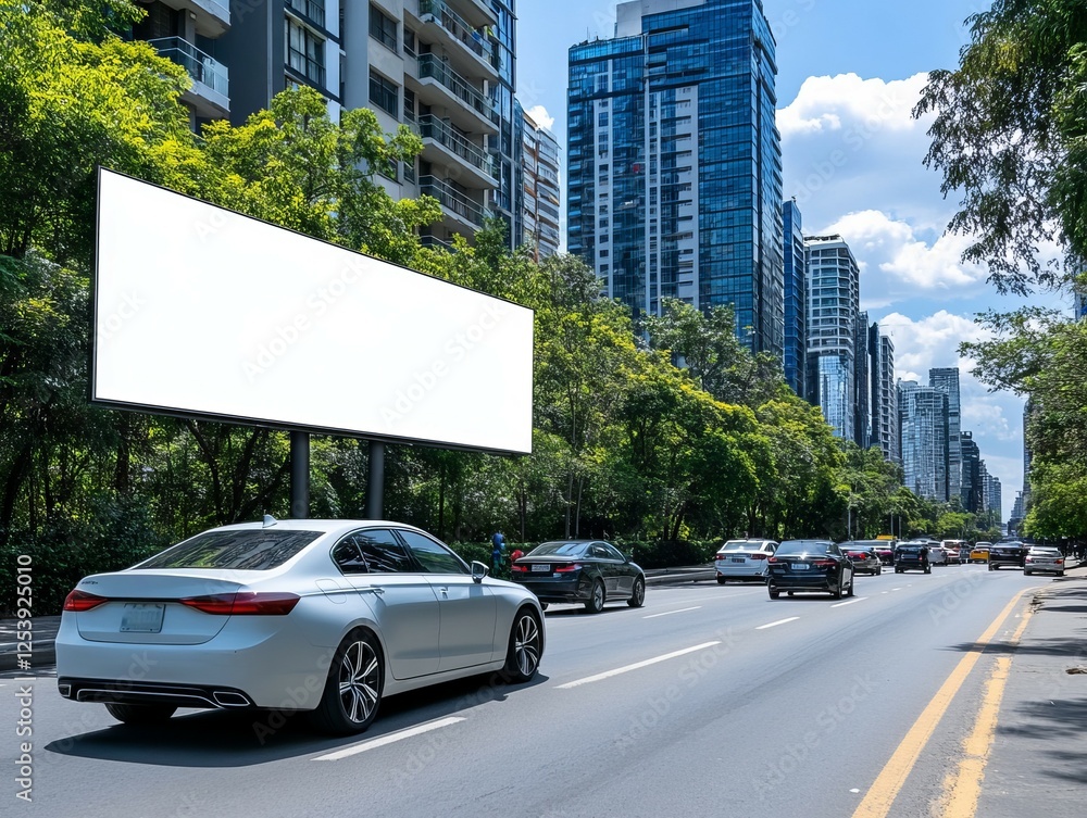 Fototapeta premium A modern city street scene featuring a white sedan driving past a blank billboard, surrounded by tall buildings and greenery under a bright blue sky. Urban Advertising Space