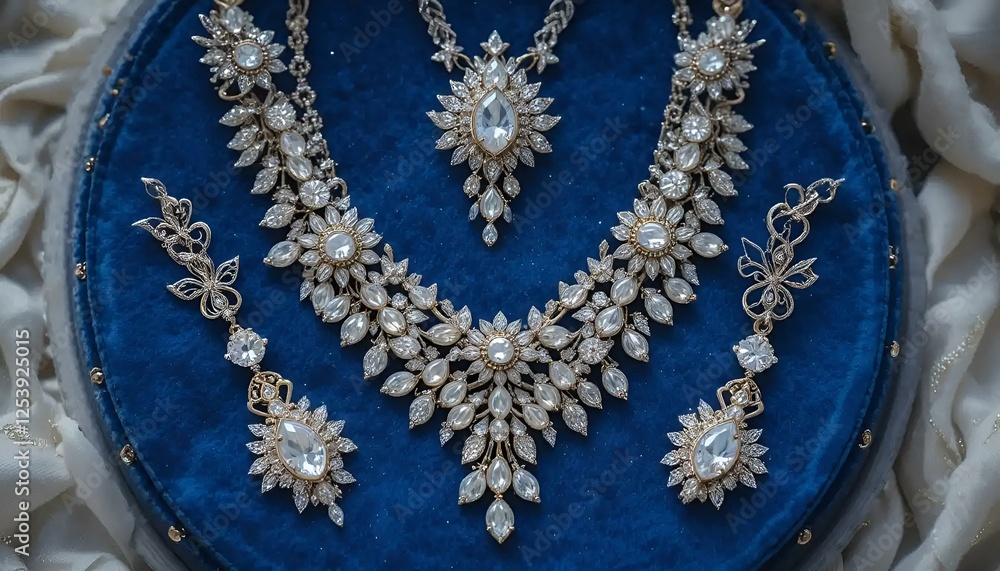 Fototapeta premium Luxurious jewelry set featuring a stunning necklace and earrings displayed on a blue velvet background