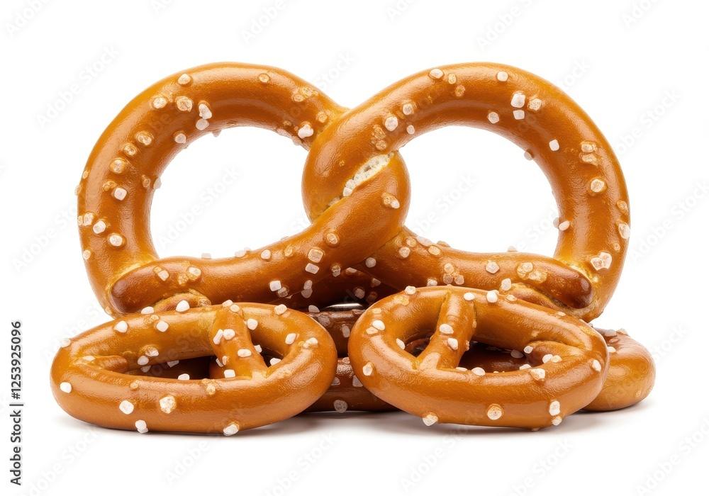 A pile of salted pretzels with shiny surfaces and coarse salt isolated on white background A pile of salted pretzels with shiny surfaces and coarse salt isolated on white background