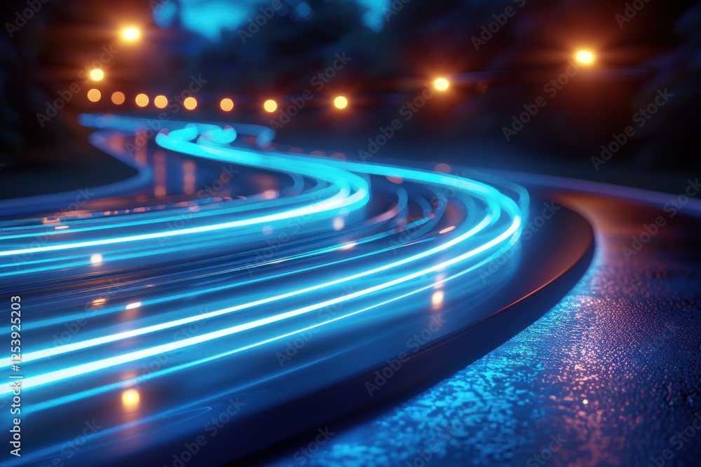 Glowing blue fiber optic lines weave through a sleek landscape, enhanced by soft ambient lighting in a dynamic pattern Glowing blue fiber optic lines weave through a sleek landscape, enhanced by soft ambient lighting in a dynamic pattern