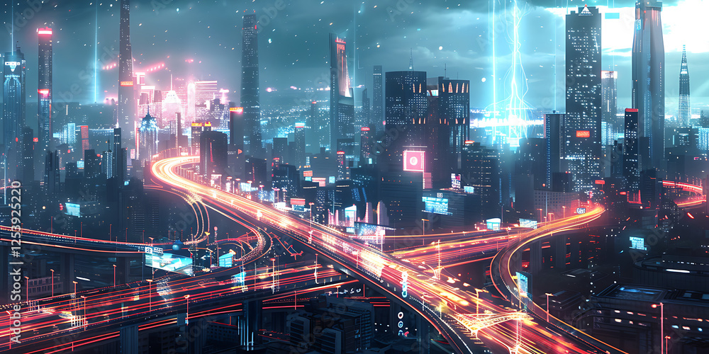 Naklejka premium Dynamic Futuristic Cityscape with Bright Skyscrapers and Nighttime Light Trails 