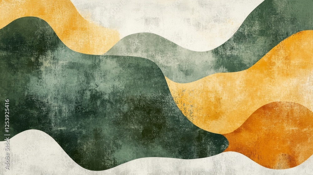 Abstract wavy shapes overlap in earthy green and gold tones Abstract wavy shapes overlap in earthy green and gold tones