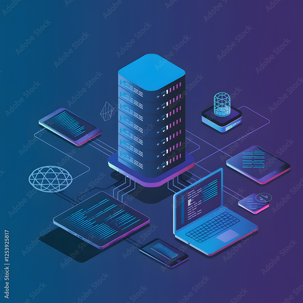 Isometric digital illustration of a data server surrounded by interconnected devices, including a laptop, smartphone, and tablet, in a futuristic blue and purple theme. Isometric digital illustration of a data server surrounded by interconnected devices, including a laptop, smartphone, and tablet, in a futuristic blue and purple theme.