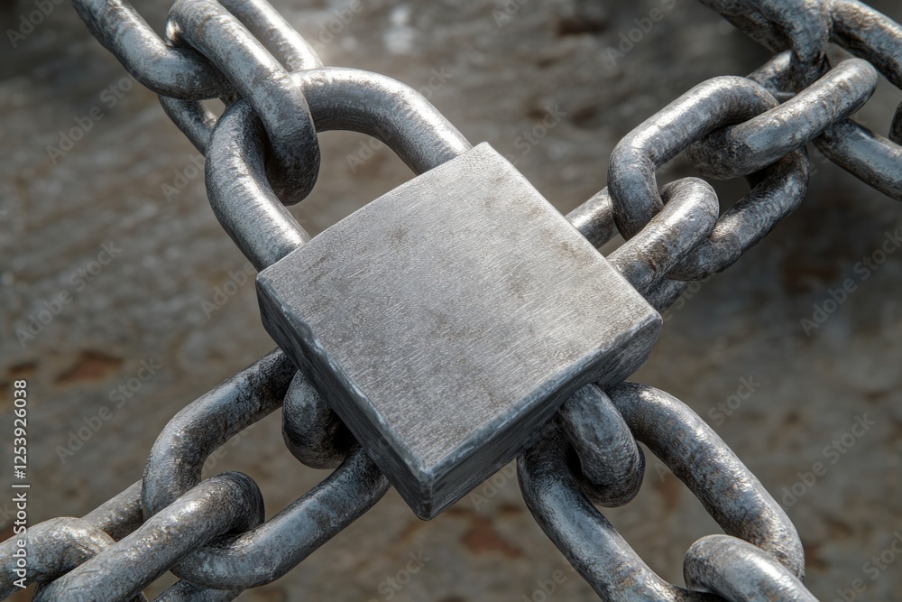 A metal padlock attached to a chain, ready to secure something A metal padlock attached to a chain, ready to secure something