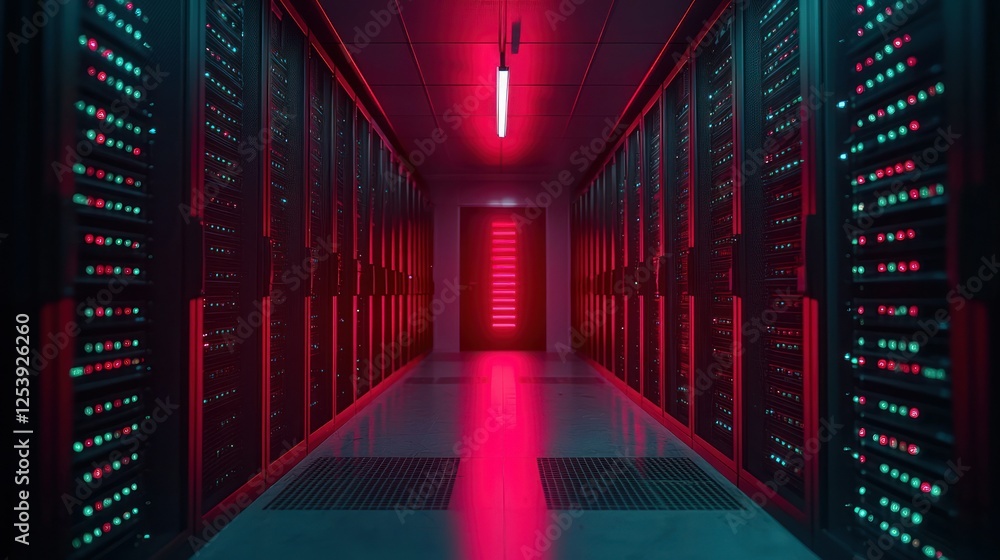 Fototapeta premium Server room corridor, data center, red lights, technology, website background